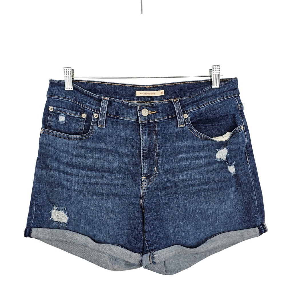 Levi Strauss Co‎ Women's Denim Shorts Size Mid Length Distressed Cuffed Blue